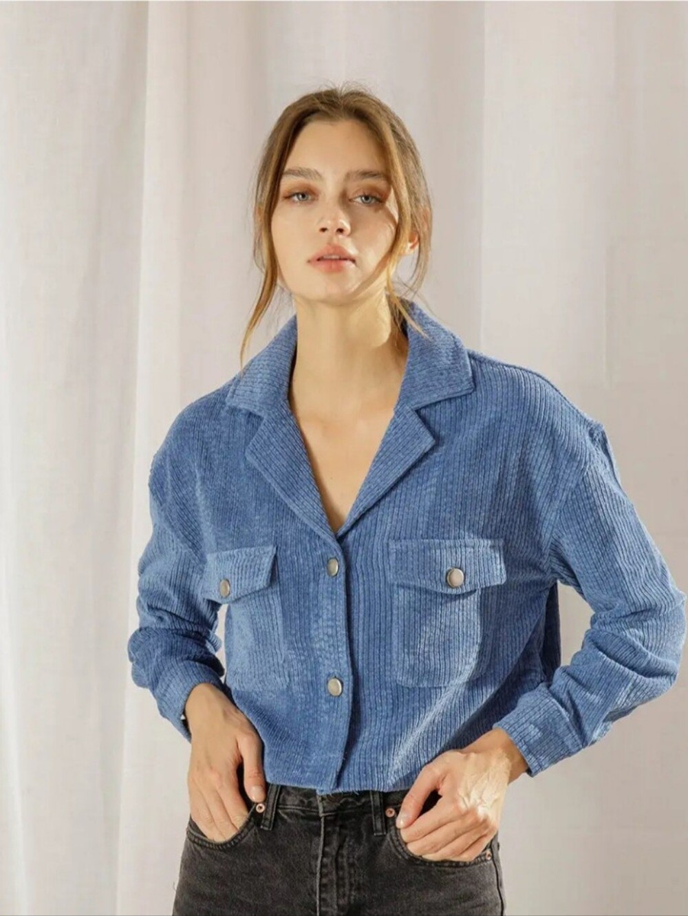 NWOT Storia Blue Crop Corduroy Button Up Jacket